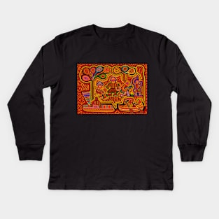 Kuna Indian Mola Men in Boats - Red Kids Long Sleeve T-Shirt